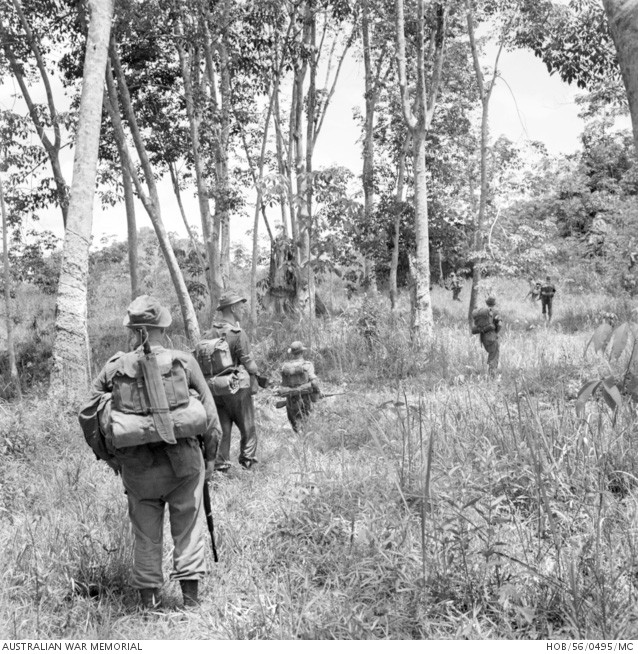 Malayan Emergency - soldiers patrolling jungle - AWM HOB/56/0495/MC