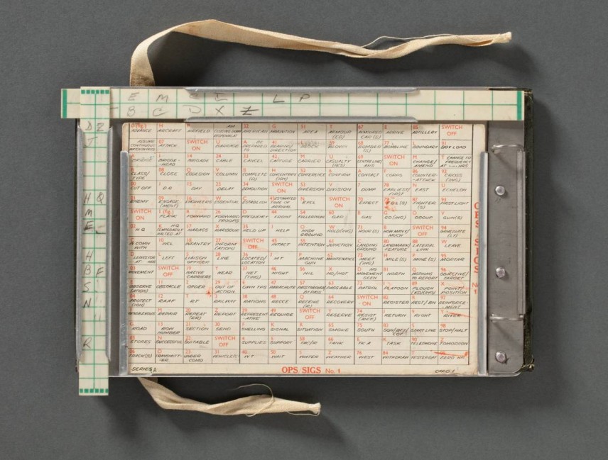 Manual cipher device with a grid in the centre with words in each cell and sliding rulers along the top and side.